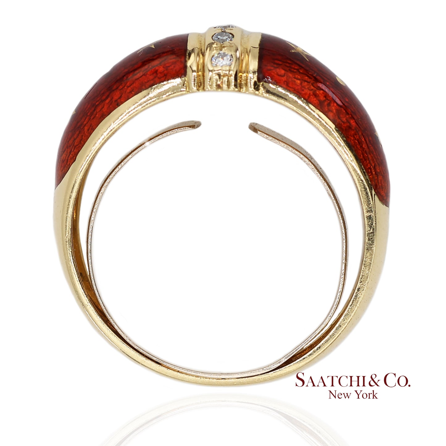 Vintage Faberge 18K (750) Solid Yellow Gold Red Enamel Diamond Ring