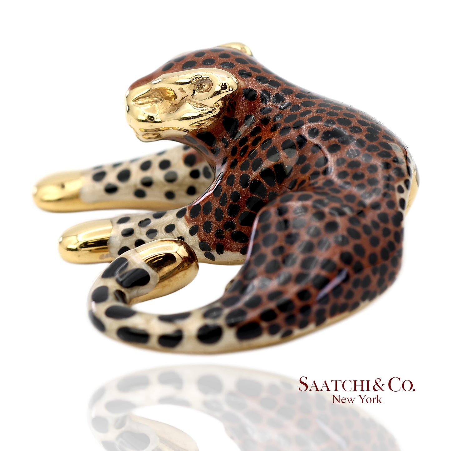 14K (585) Solid Yellow Gold Enamel Leopard Pendant Necklace