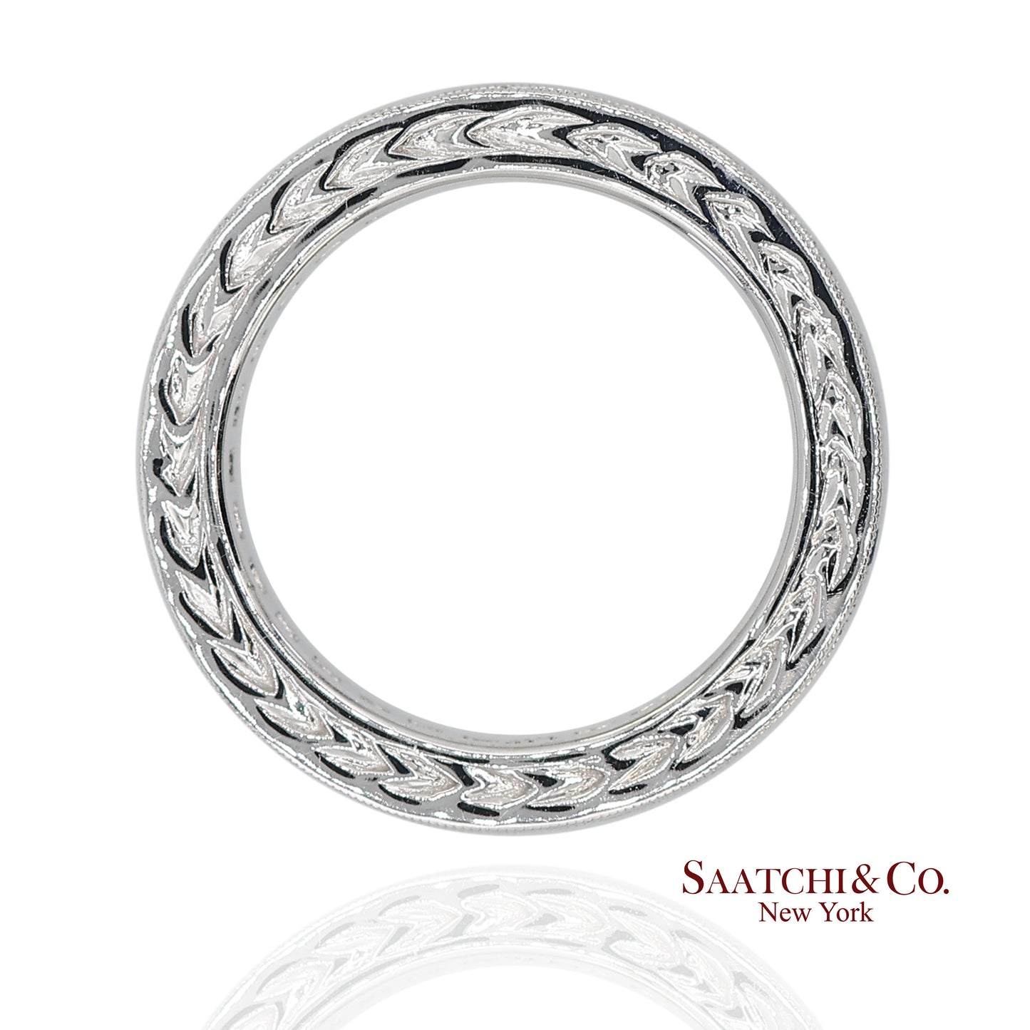 Vintage 14K (585) White Gold All Around Natural Sapphire Engraving Band Ring