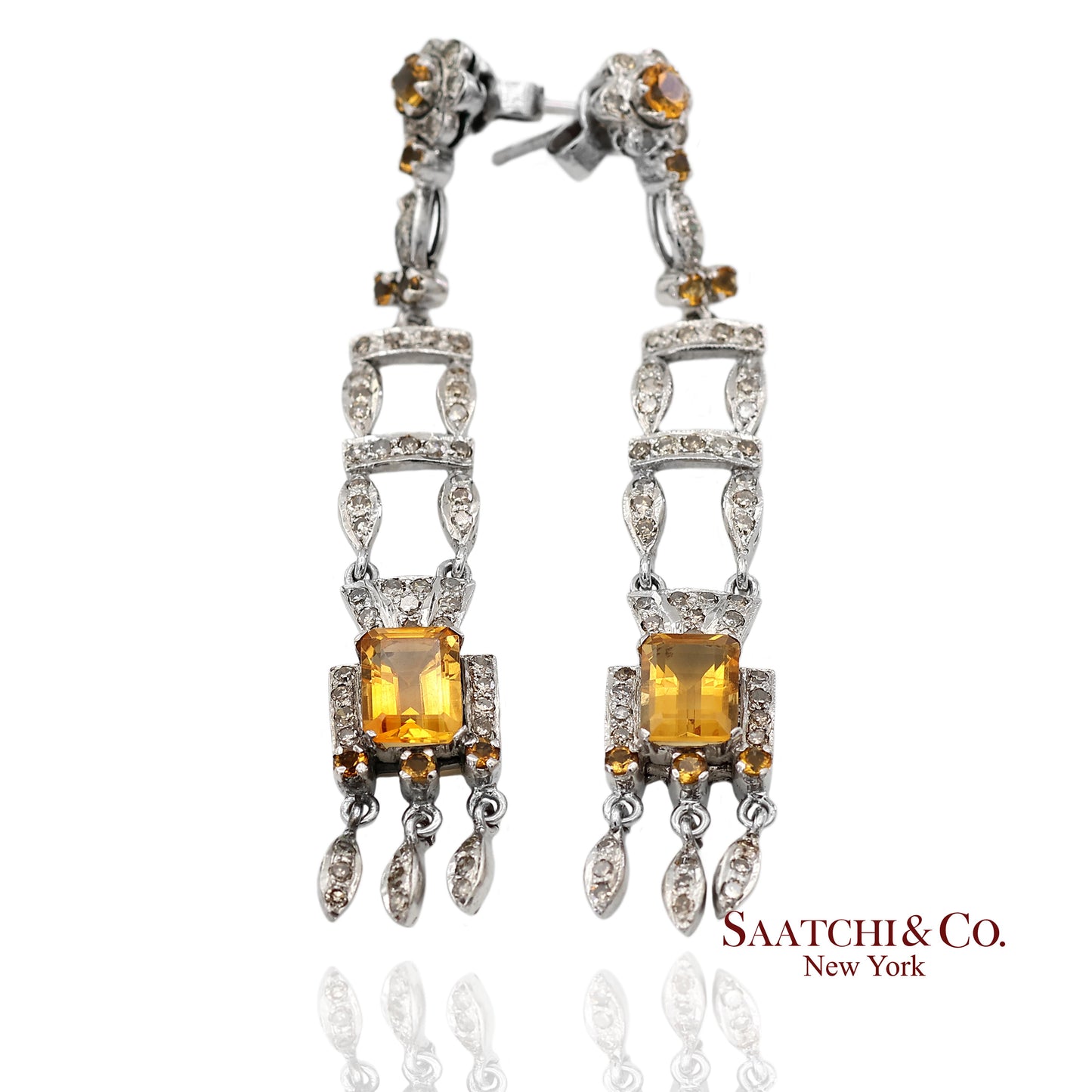 14K(585) White Gold Natural Diamond and Yellow Sapphire Pretty Teardrop Earrings