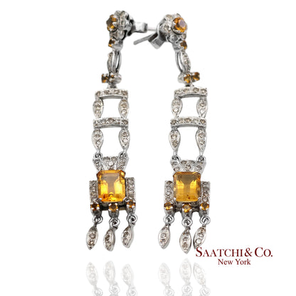 14K(585) White Gold Natural Diamond and Yellow Sapphire Pretty Teardrop Earrings