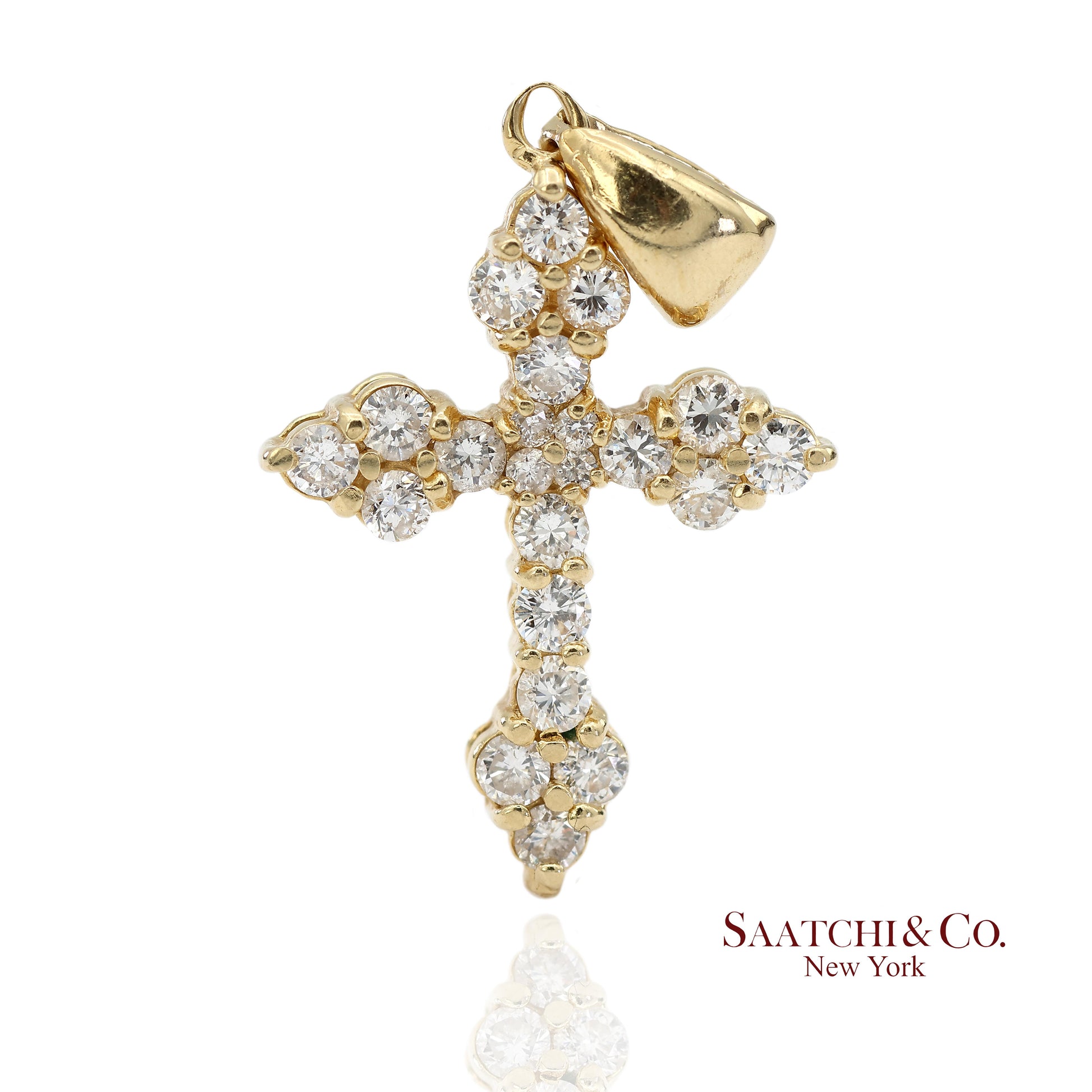 14K(585) Solid Yellow Gold Natural Diamond Cross Pendant Necklace
