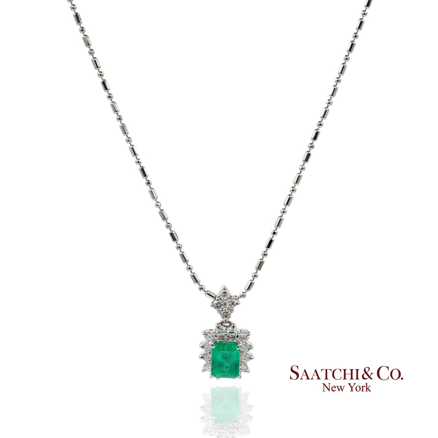 GIA Certified Platinum 900 Emerald & Diamond Pendant with Platinum 850 Chain