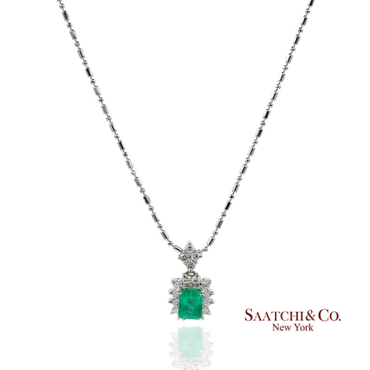 GIA Certified Platinum 900 Emerald & Diamond Pendant with Platinum 850 Chain