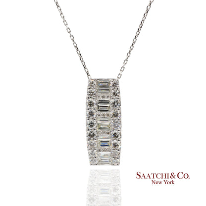 Solid Platinum 900 Baguette & Round Cut Natural Diamond Pendant Necklace