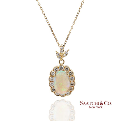 18K 750 Solid Yellow Gold Natural Diamond and Natural Opal Pendant Necklace