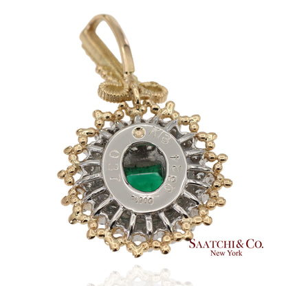 18K 750 Solid Yellow Gold & Platinum 900 Natural Diamond and Emerald Pendant