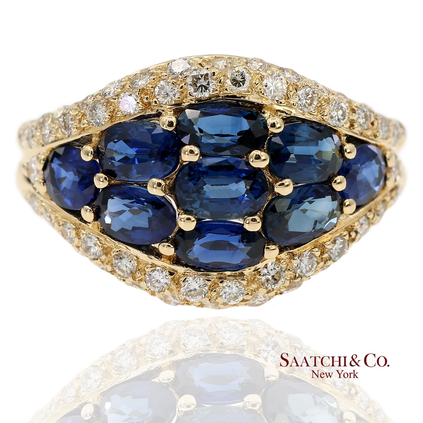 18K 750 Solid Yellow Gold Natural Diamond and Natural Sapphire Ring