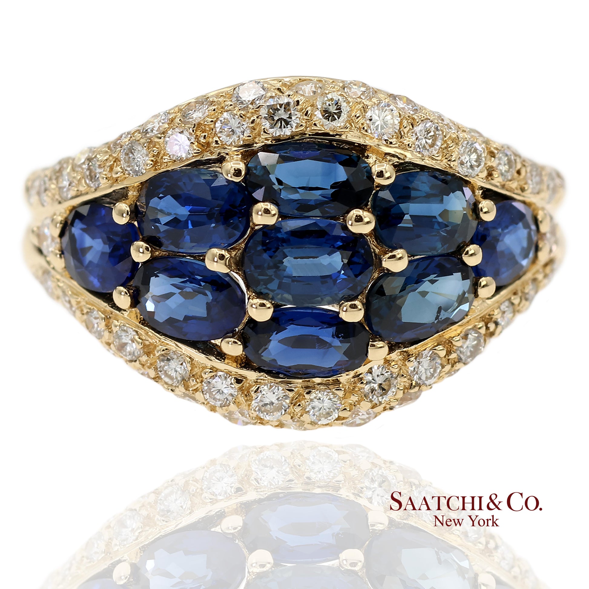 18K 750 Solid Yellow Gold Natural Diamond and Natural Sapphire Ring