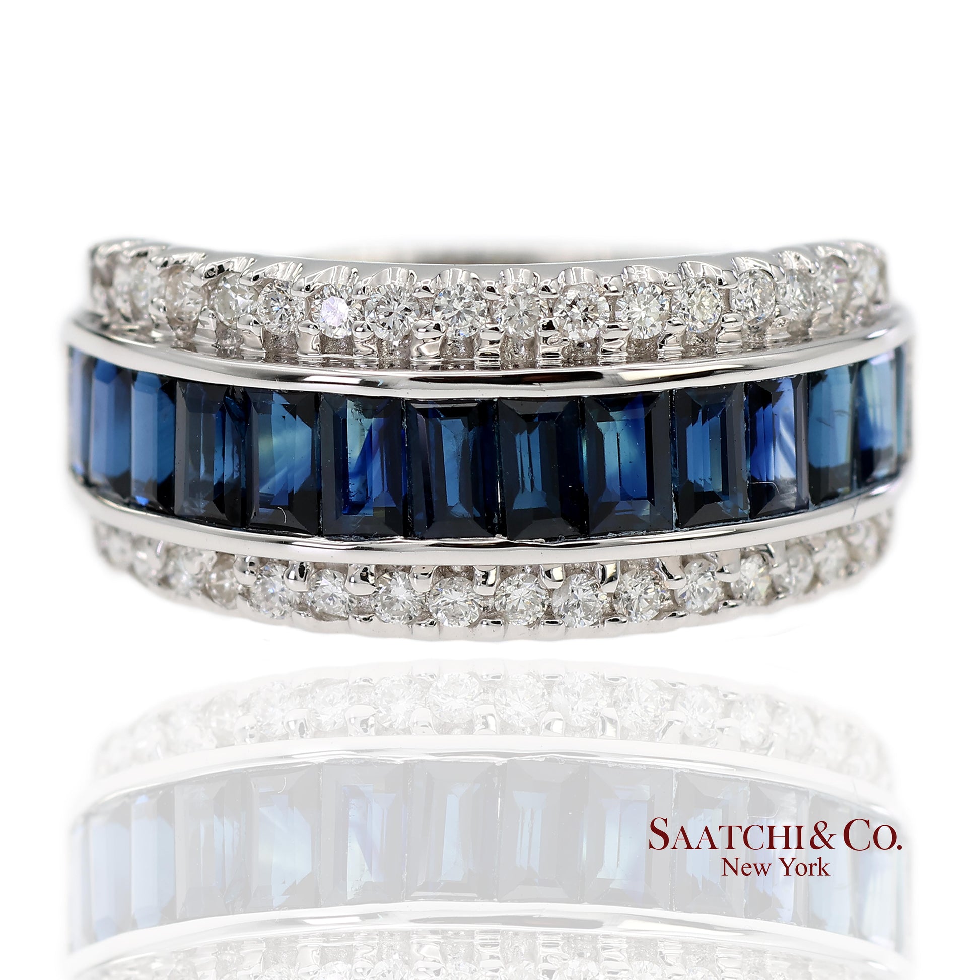 18K 750 Solid White Gold Natural Diamond and Natural Sapphire Band Ring