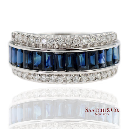 18K 750 Solid White Gold Natural Diamond and Natural Sapphire Band Ring