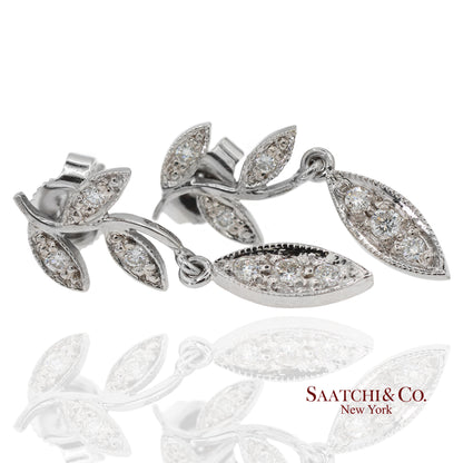 18K 750 Solid White Gold Marquise Shape Natural Diamond Leaf Drop Earrings