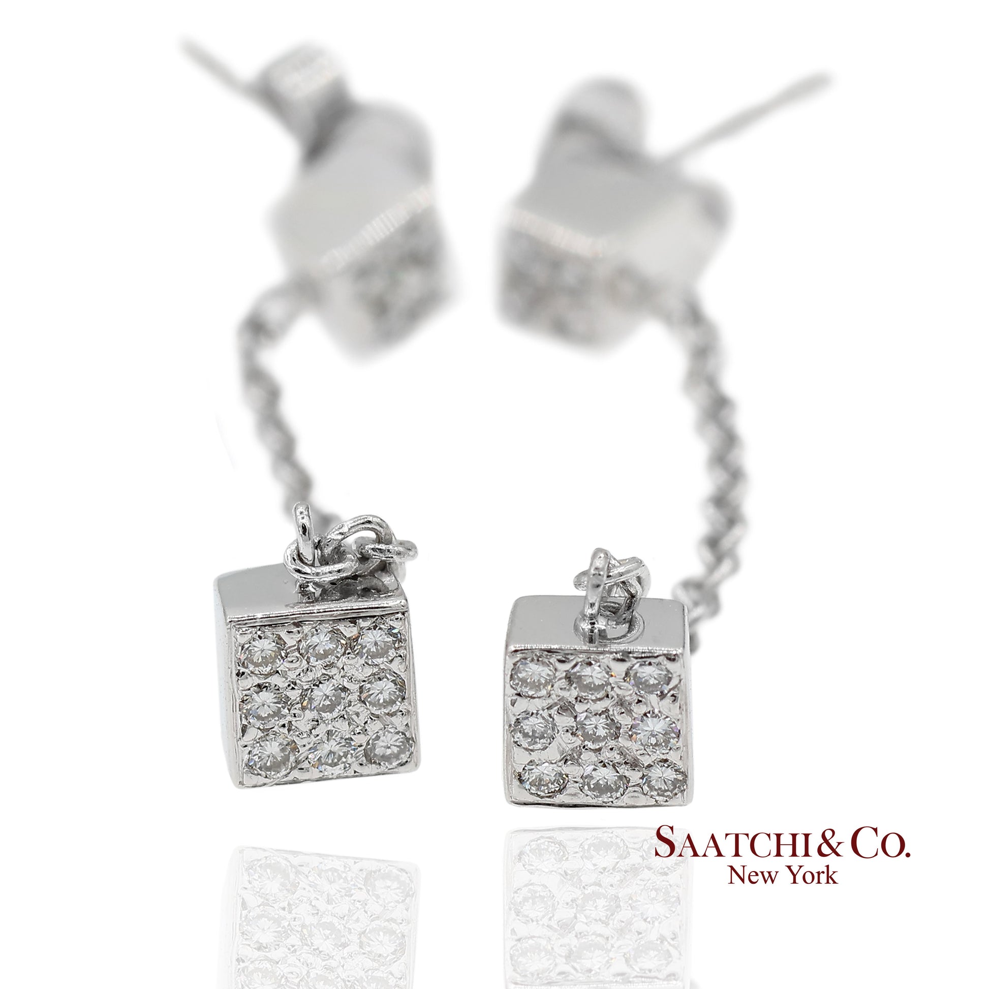 18K 750 Solid White Gold Natural Diamond Box Drop Earrings