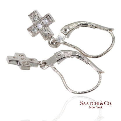 18K 750 Solid White Gold Natural Diamond Drop Hanging Cross Shape Earrings