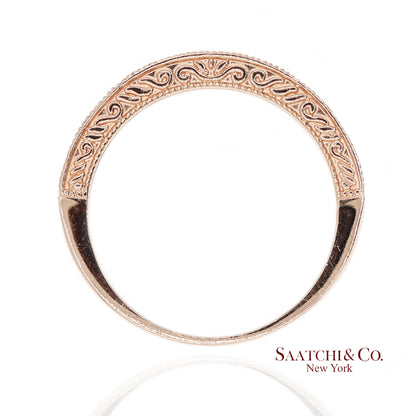 14K 585 Solid Rose Gold Side Engraving Natural Diamond Band Ring