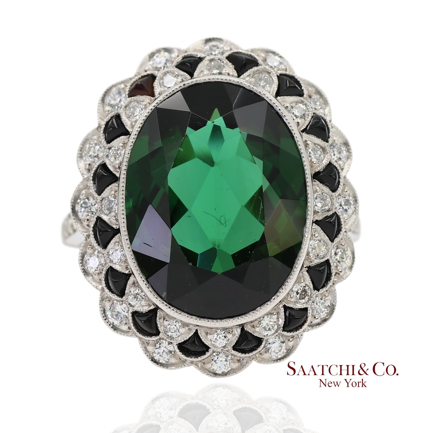 Vintage Platinum 950 Milgrain Natural Diamond and Tourmaline Ring