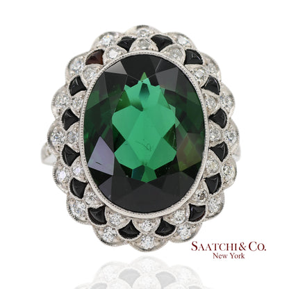 Vintage Platinum 950 Milgrain Natural Diamond and Tourmaline Ring