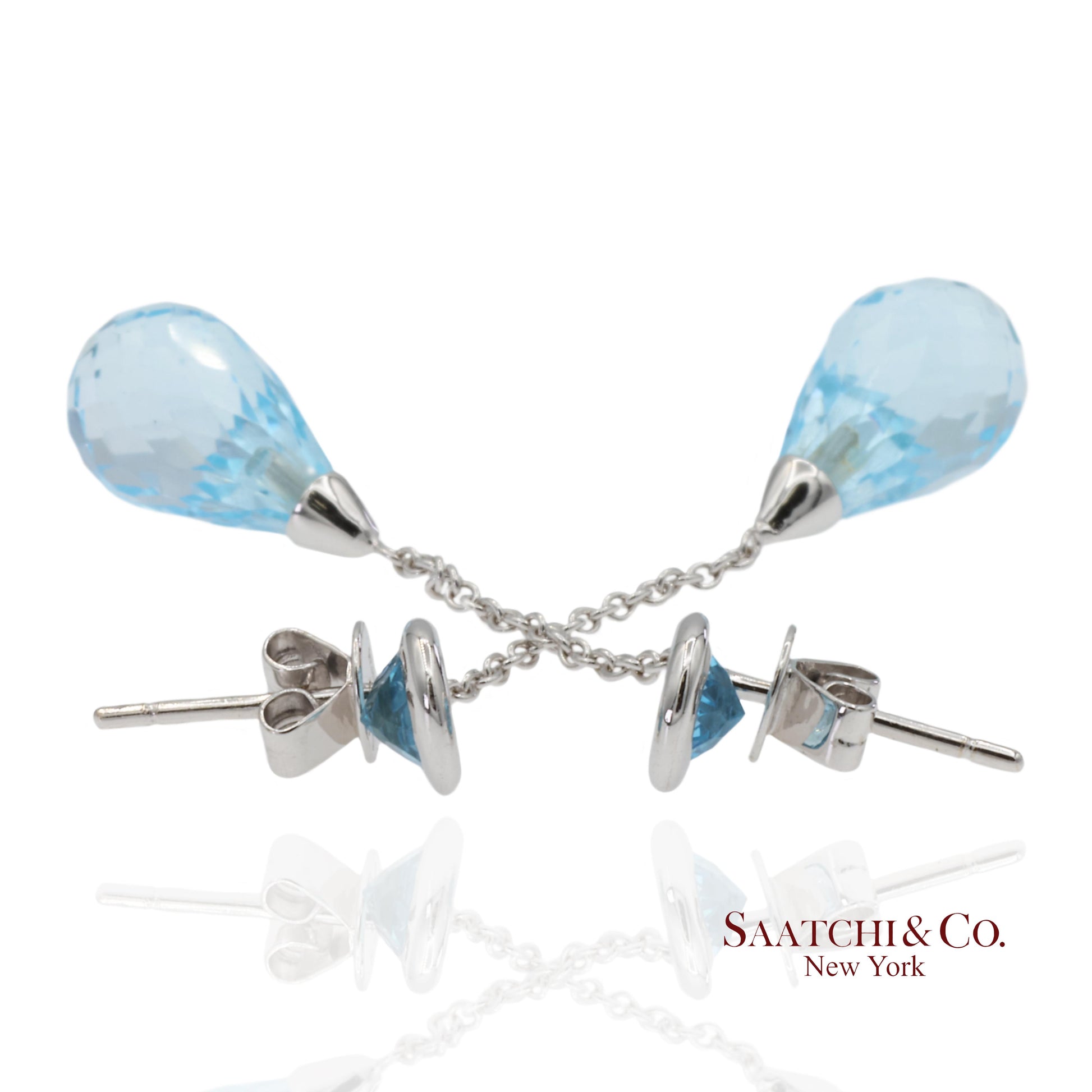 18K 750 Solid White Gold Blue Topaz Drop Earrings