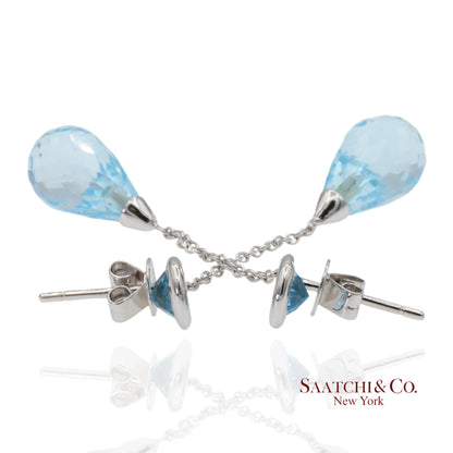 18K 750 Solid White Gold Blue Topaz Drop Earrings