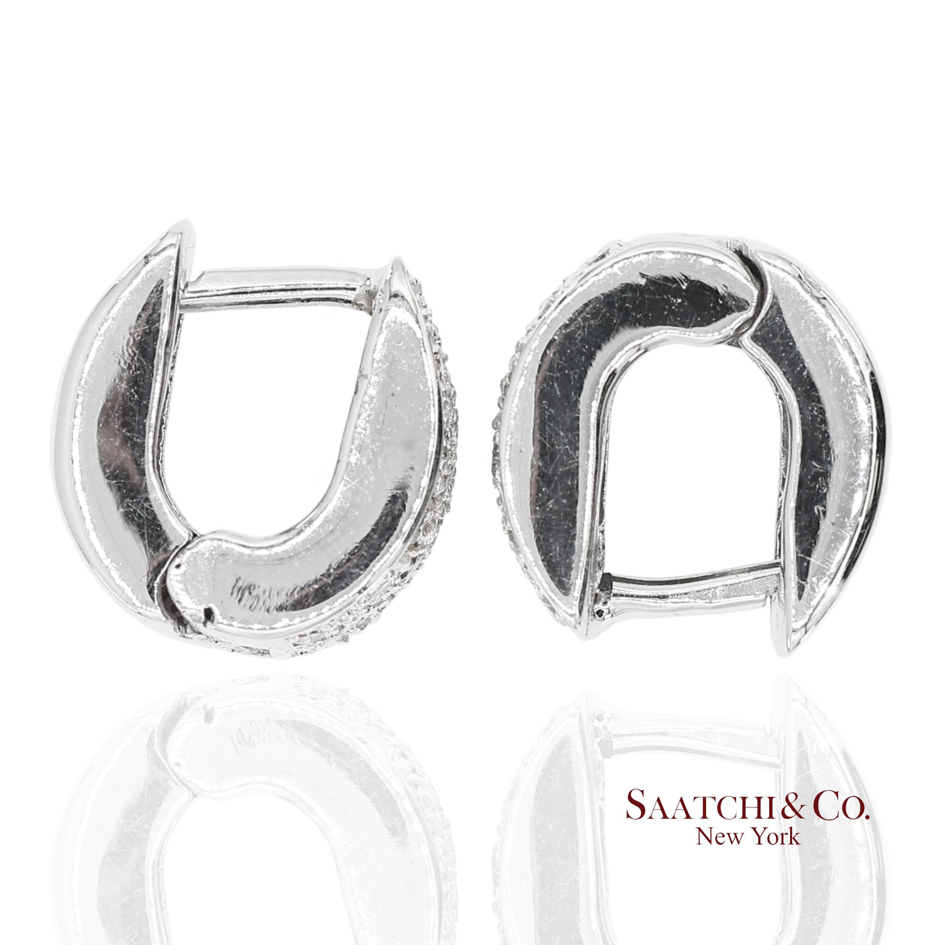 18K 750 Solid White Gold Natural Diamond Huggie Hoop Earrings