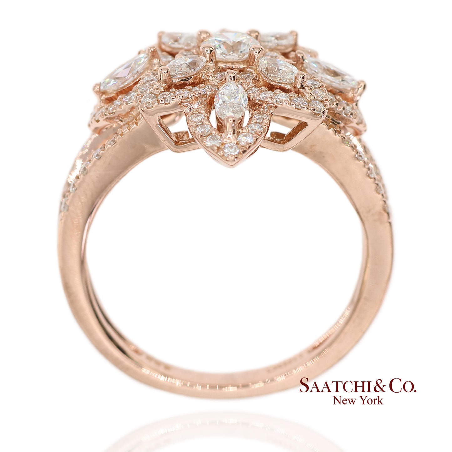 18K 750 Solid Rose Gold Floral Natural Diamond Ring