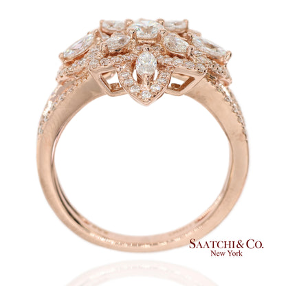 18K 750 Solid Rose Gold Floral Natural Diamond Ring