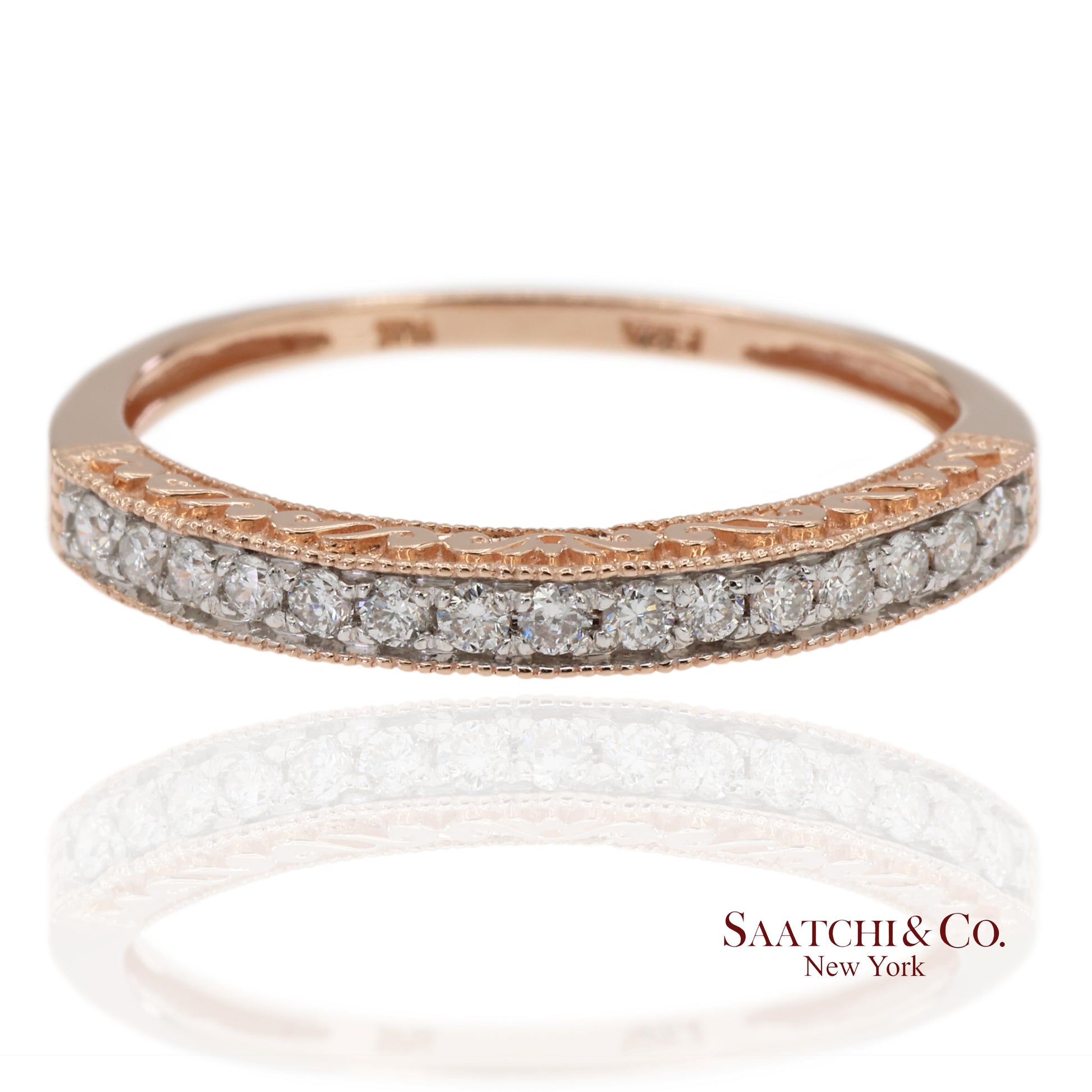 14K 585 Solid Rose Gold Engraving and Milgrain Natural Diamond Band Ring
