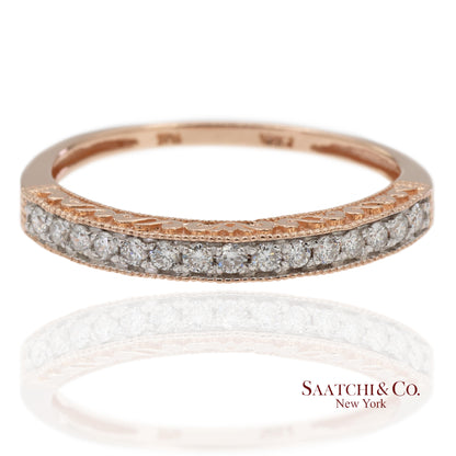 14K 585 Solid Rose Gold Engraving and Milgrain Natural Diamond Band Ring
