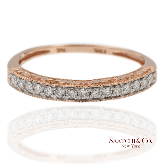 14K 585 Solid Rose Gold Engraving and Milgrain Natural Diamond Band Ring