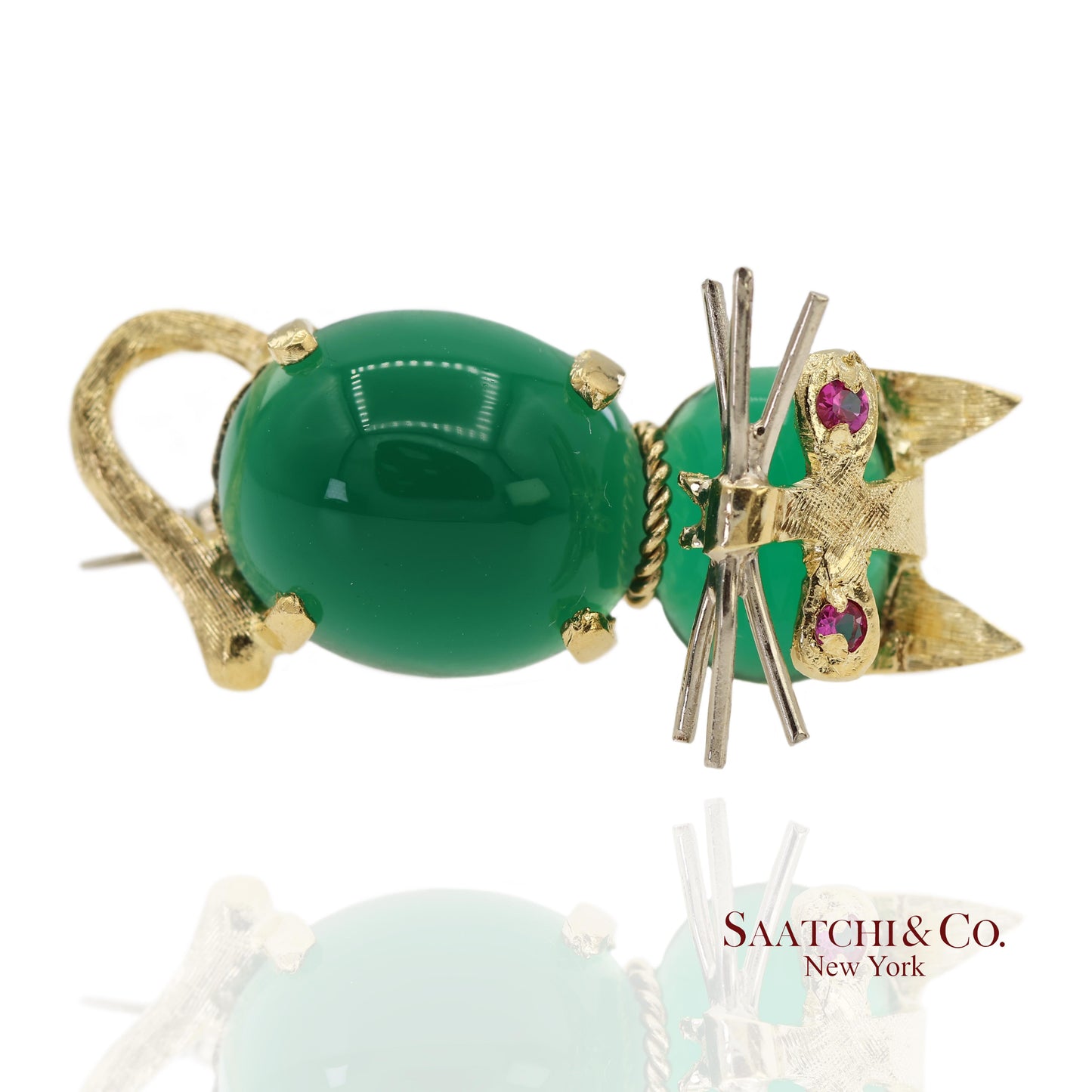 18K 750 Solid Yellow Gold Natural Ruby Eyes & Green Gemstones Cat Pin Brooch