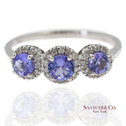 0.40 ct Natural Diamond and 0.80 ct Tanzanite 14K White Gold 3-Stone Ring