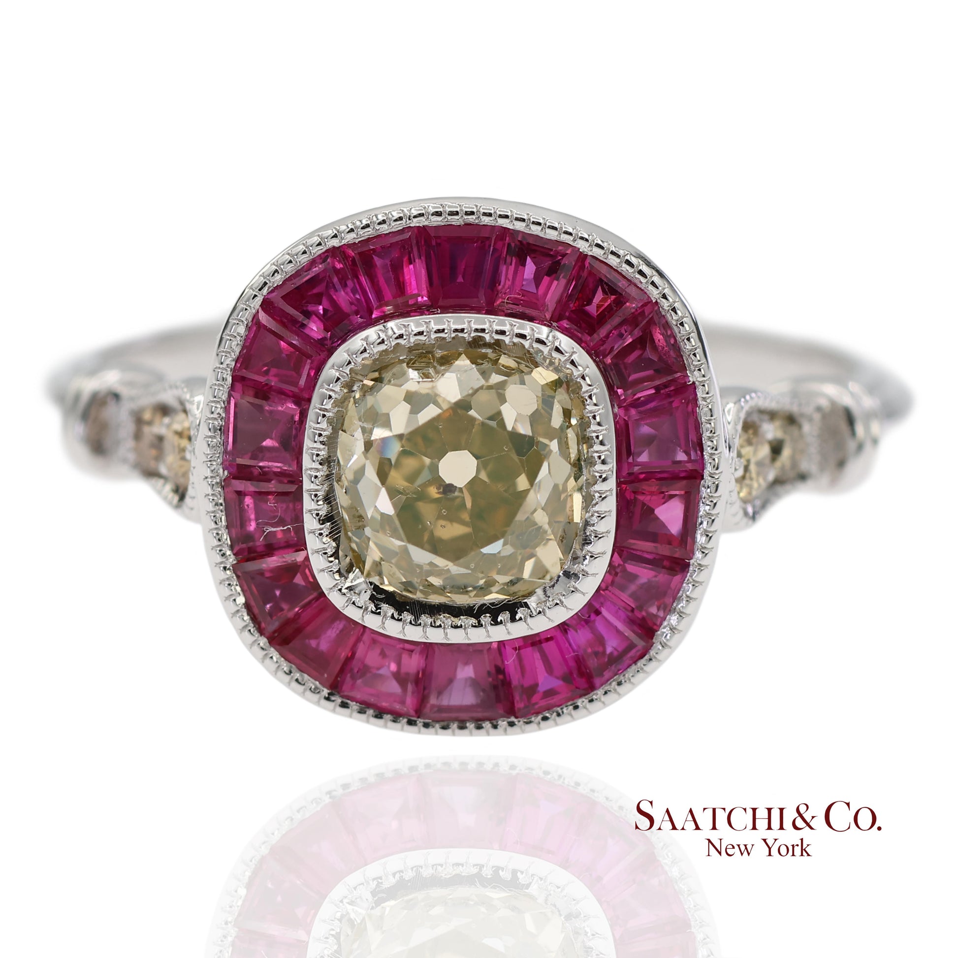 GIA Certified 18K 750 Solid White Gold Natural Diamond and Ruby Engagement Ring