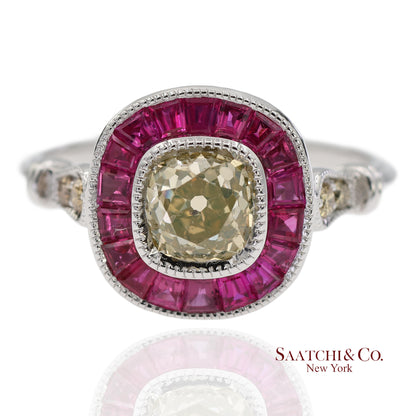 GIA Certified 18K 750 Solid White Gold Natural Diamond and Ruby Engagement Ring