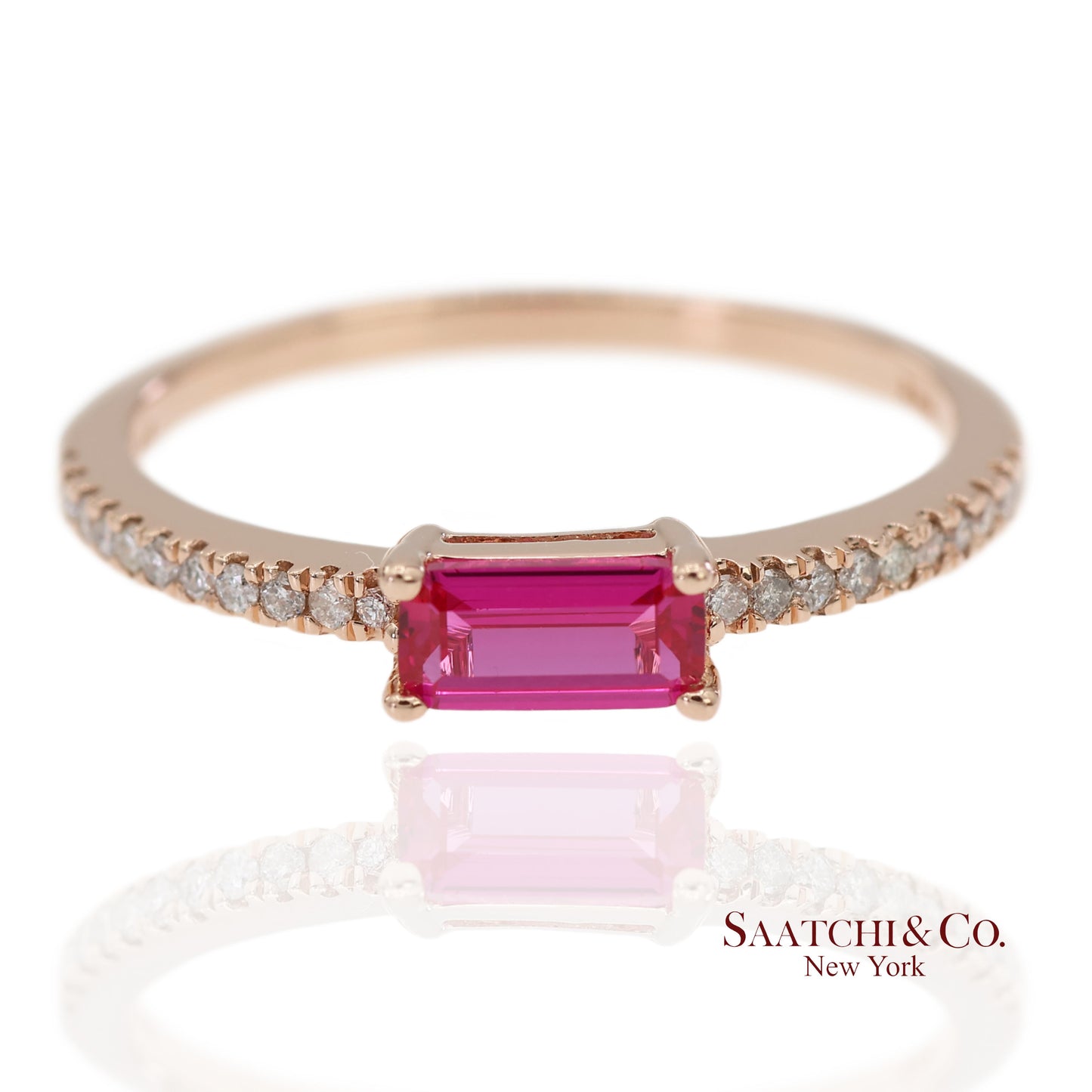 14K 585 Solid Rose Gold Pink Baguette Cut Stone and Natural Diamond Ring