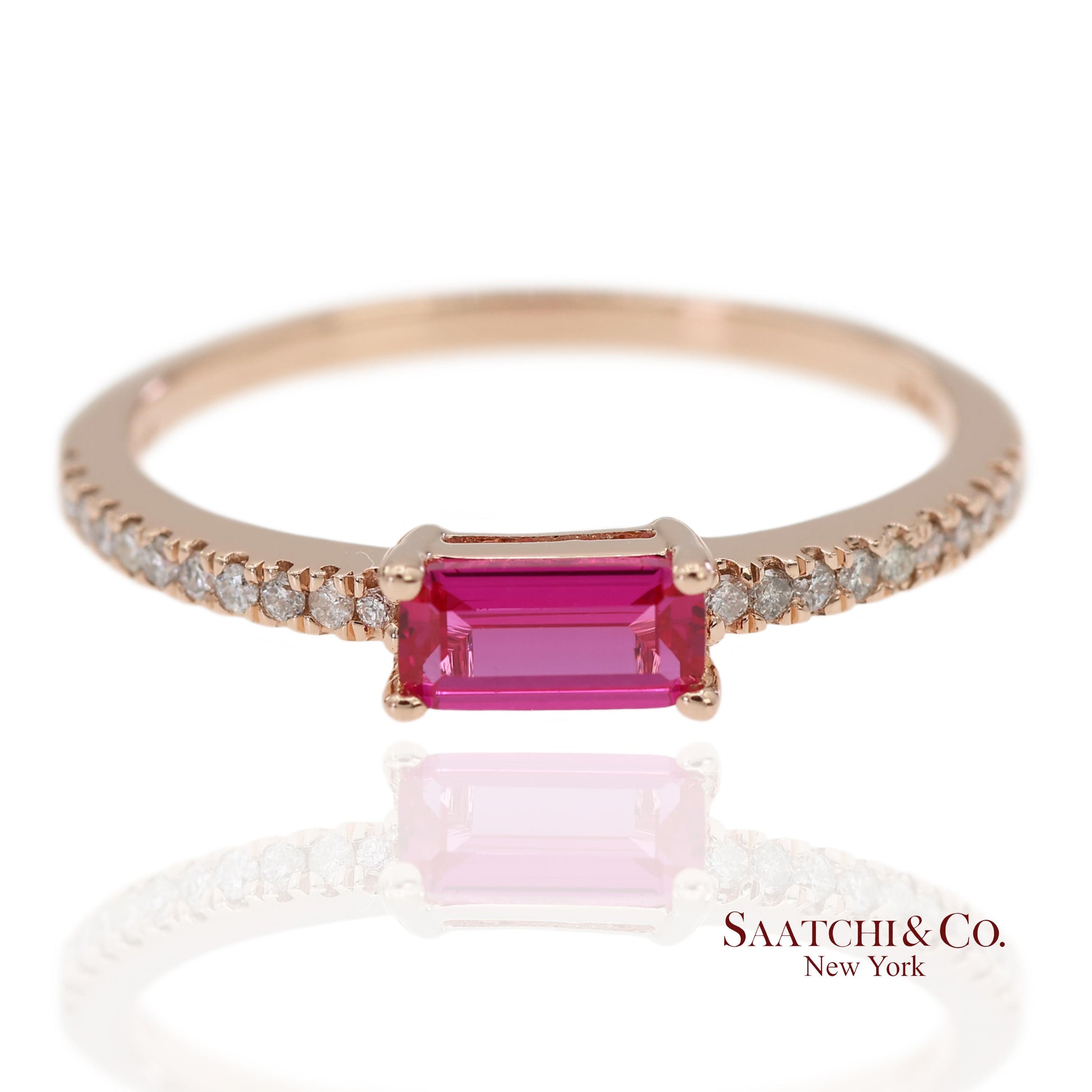 14K 585 Solid Rose Gold Pink Baguette Cut Stone and Natural Diamond Ring