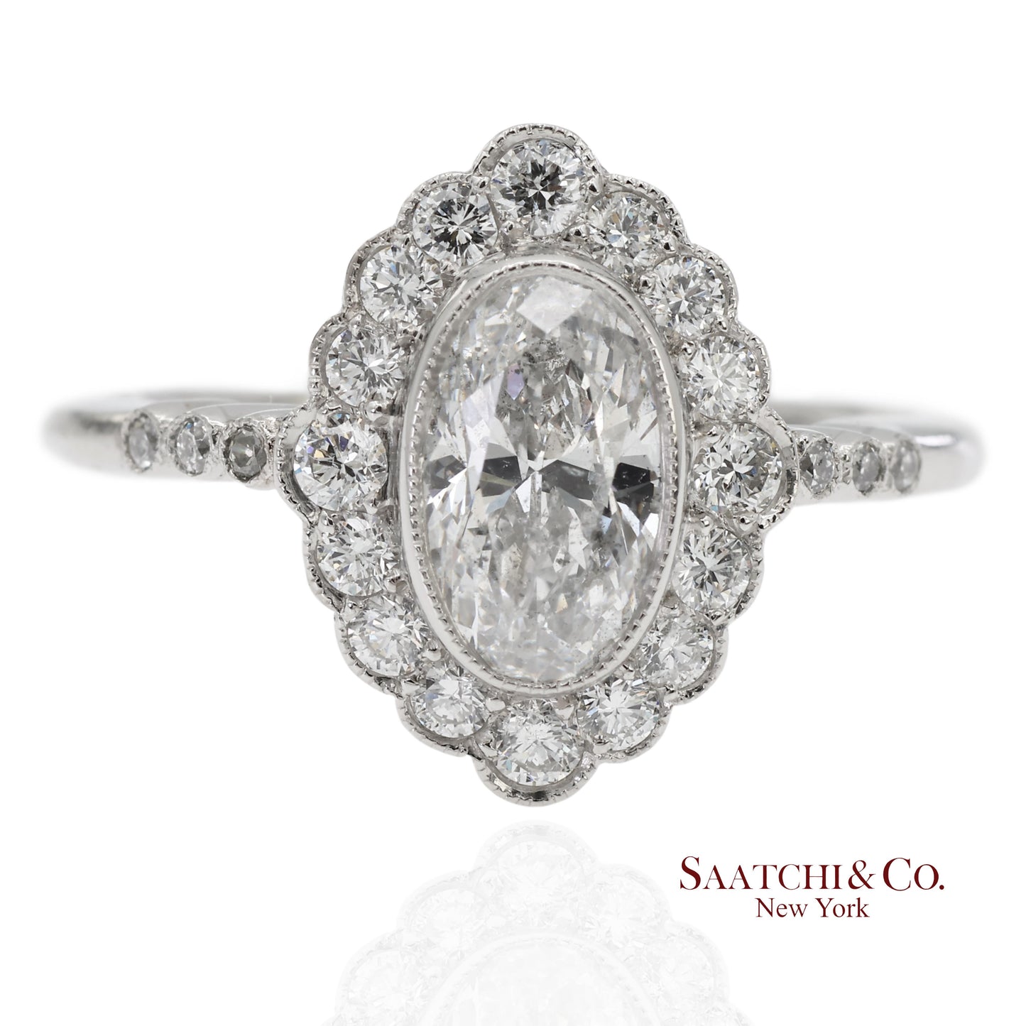 Vintage Platinum 900 Natural Diamond Milgrain Oval Shape Engagement Band Ring