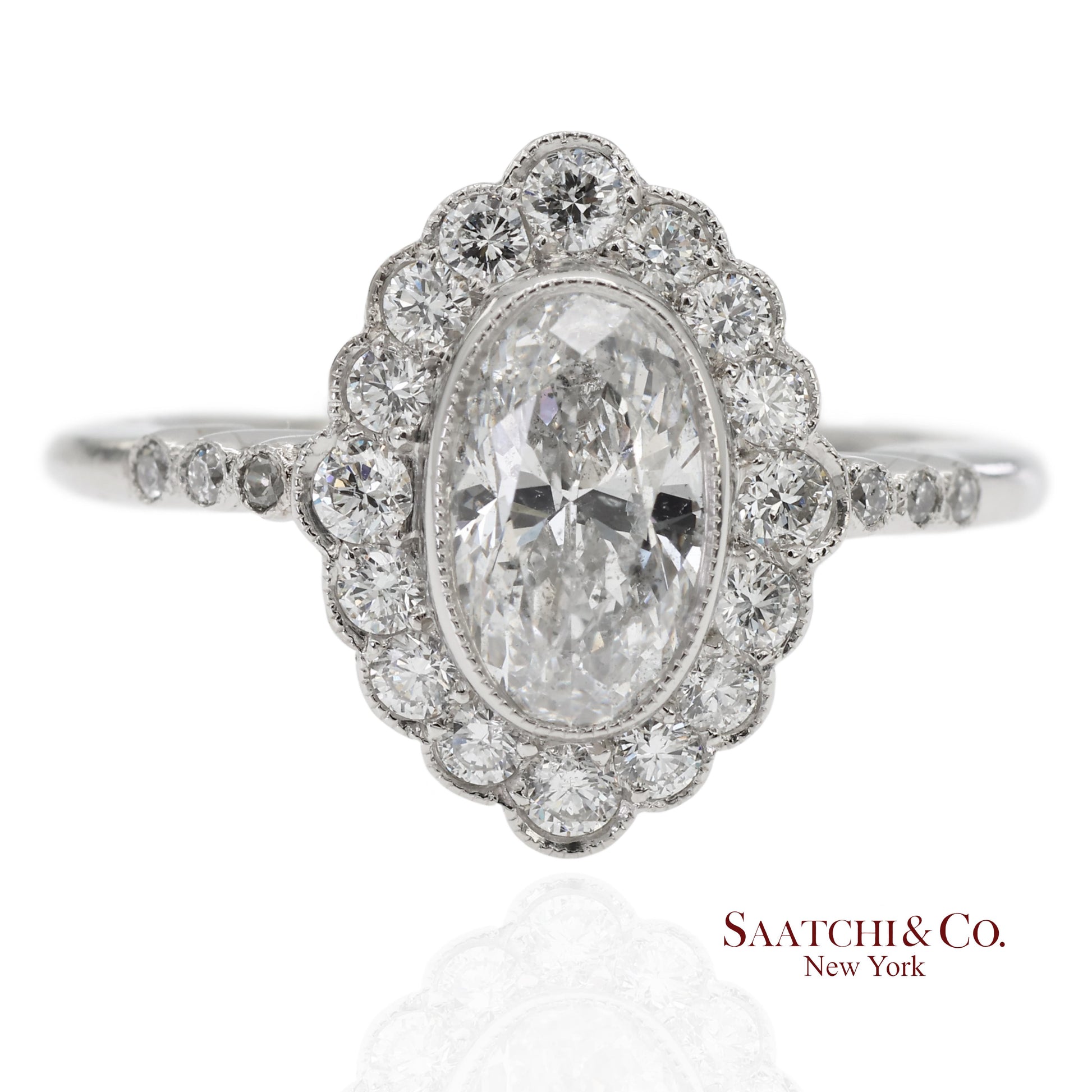 Vintage Platinum 900 Natural Diamond Milgrain Oval Shape Engagement Band Ring