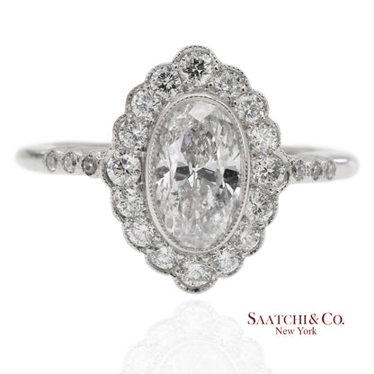 Vintage Platinum 900 Natural Diamond Milgrain Oval Shape Engagement Band Ring