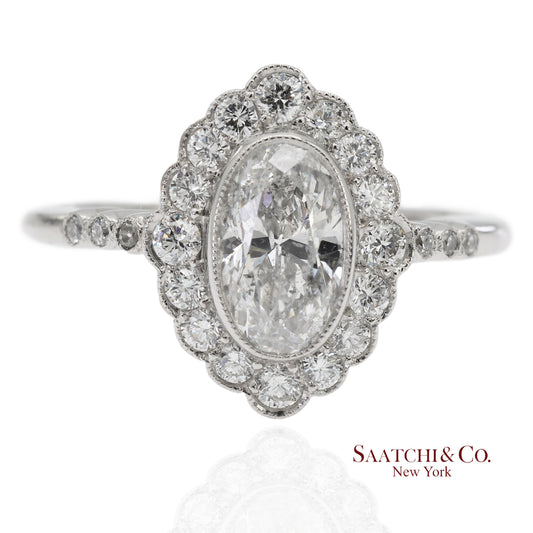 Vintage Platinum 900 Natural Diamond Milgrain Oval Shape Engagement Band Ring