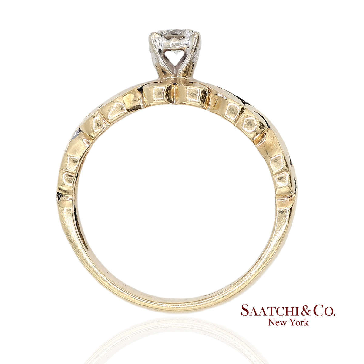 0.13 Ct Natural Diamond 14K Yellow Gold Openwork Scroll Design Ring