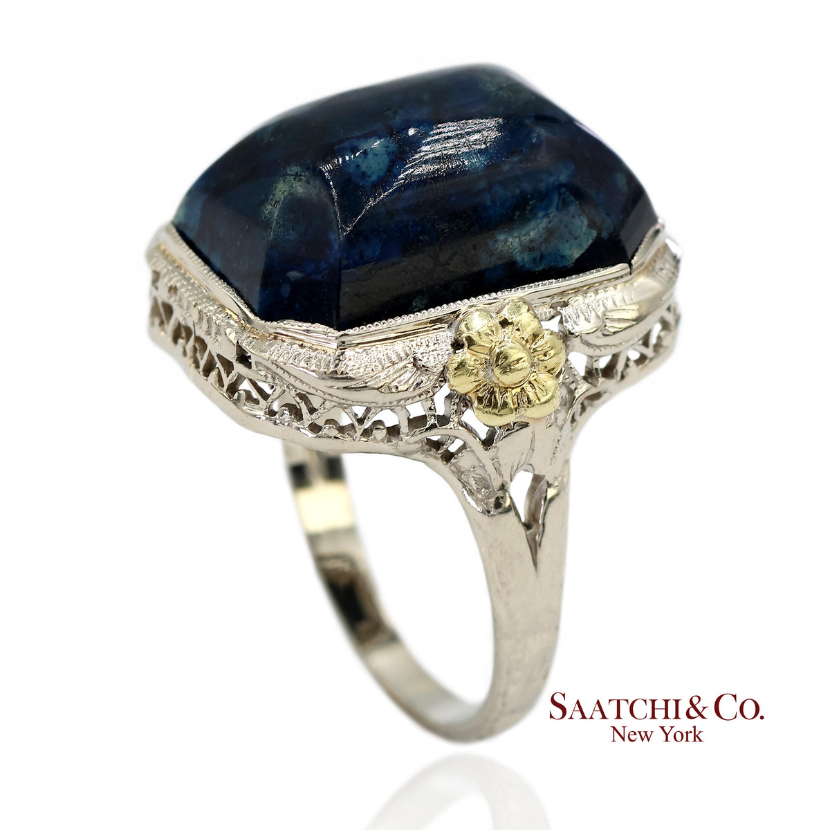 Vintage 14K Two Tone Yellow and White Gold Blue Stone Ornate Floral Motif Ring