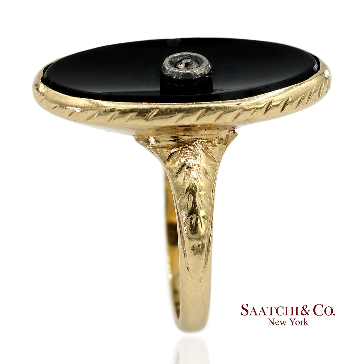 Vintage 14K Solid Yellow Gold Oval Black Onyx and Diamond Ring