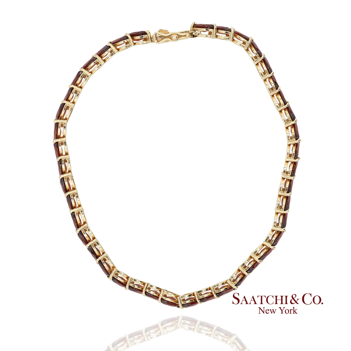 Vintage 14K 585 Solid Yellow Gold Red Garnet Marquise Cut Tennis Bracelet