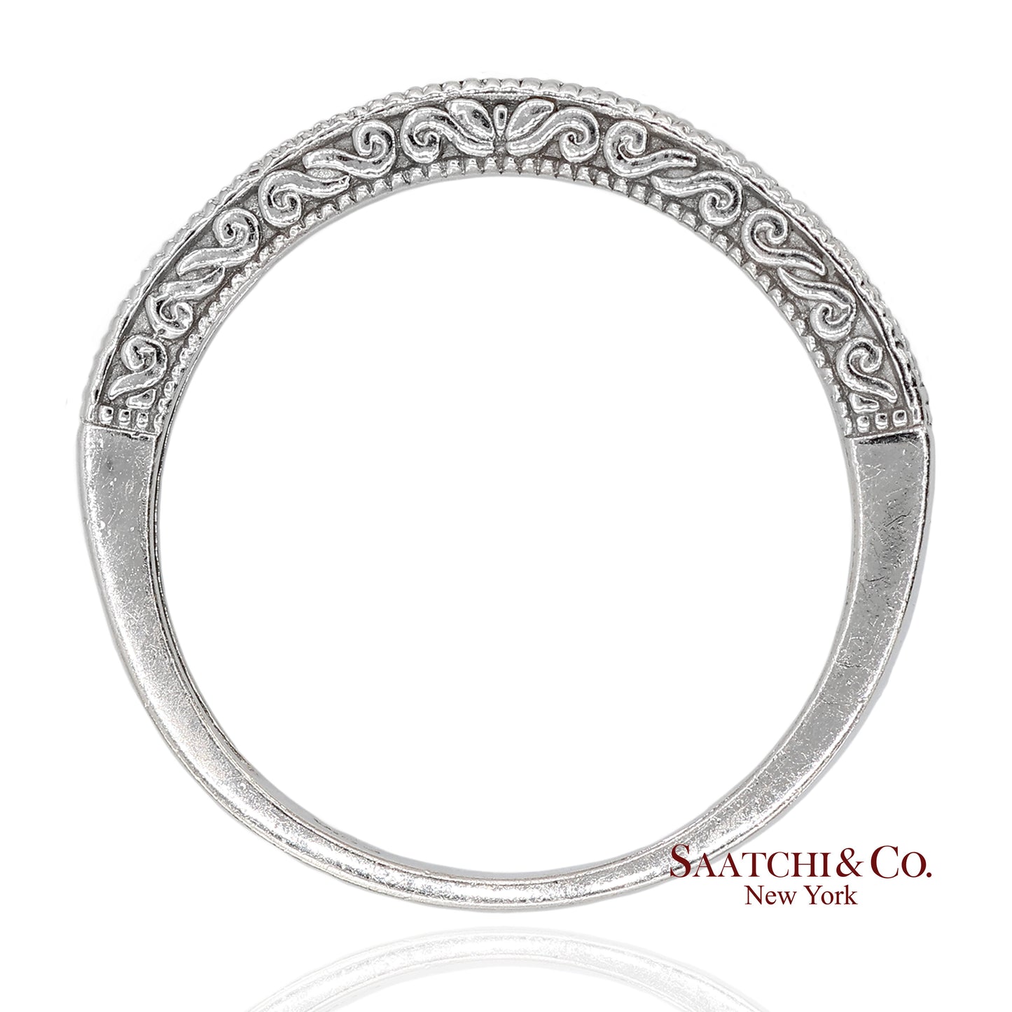 14K 585 Solid White Gold Side Engraving Milgrain Natural Diamond Band Ring