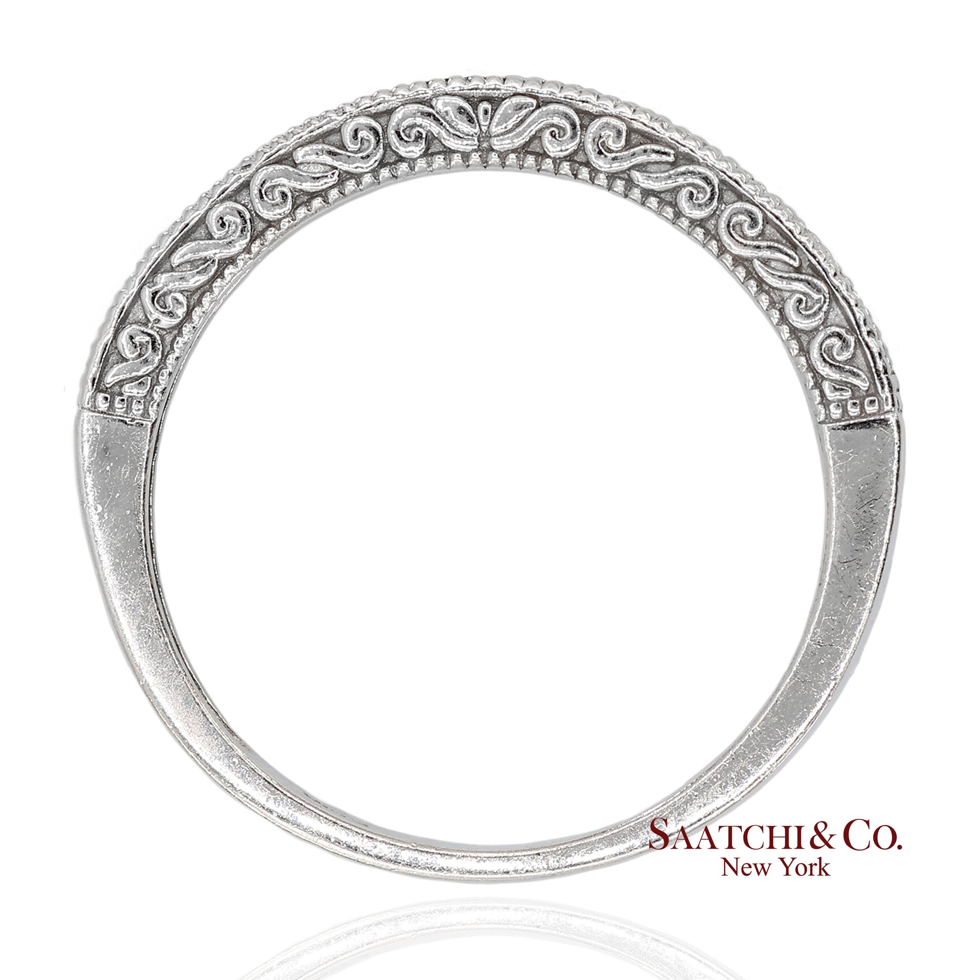 14K 585 Solid White Gold Side Engraving Milgrain Natural Diamond Band Ring