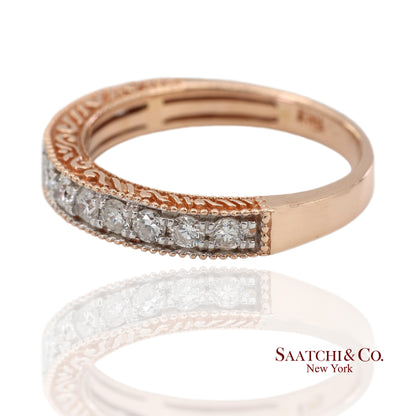 14K 585 Rose Gold Natural Diamond Milgrain Engraved Band Ring
