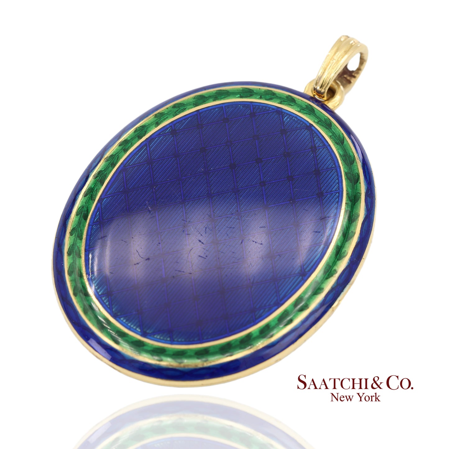 Vintage 18K 750 Yellow Gold Royal Blue & Green Enamel Locket Pendant Necklace