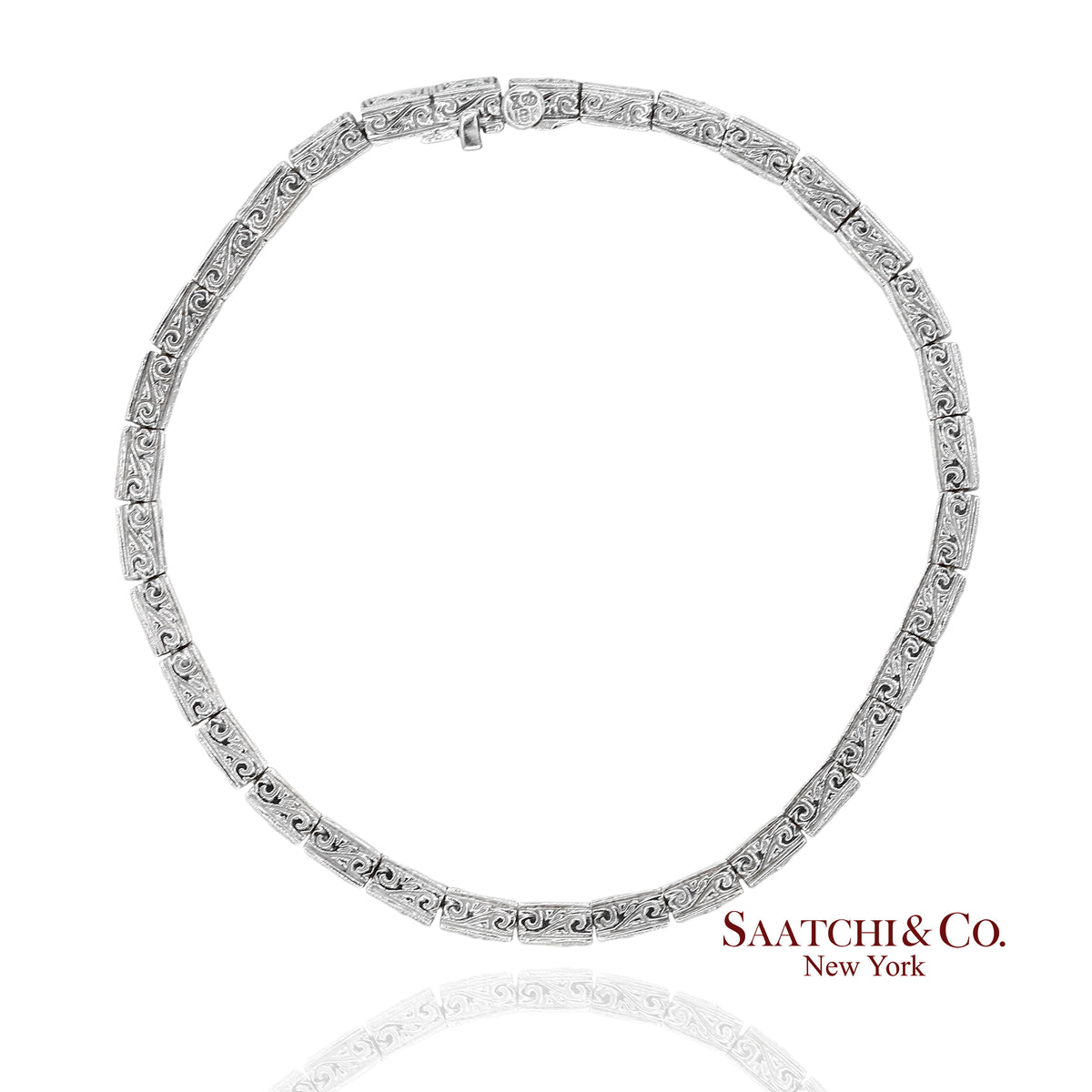 Vintage 18K 750 White Gold Natural Diamond Engraved & Milgrain Tennis Bracelet