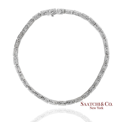Vintage 18K 750 White Gold Natural Diamond Engraved & Milgrain Tennis Bracelet