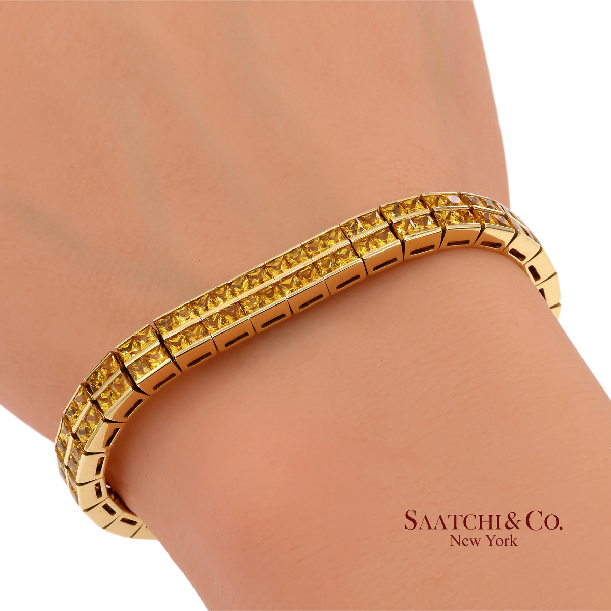 12.50 Ct Natural Yellow Sapphire Princess Cut Bracelet in 18K Yellow Gold